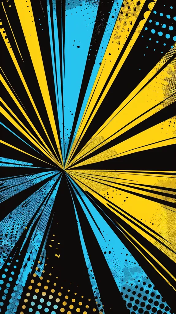 The image is a comic book style explosion with black lines radiating out from a central point. The background is a mix of blue, yellow, and black with dotted patterns. The lines are thick and bold, creating a sense of dynamic movement and energy. The colors are vibrant and contrasting, adding to the overall visual impact.