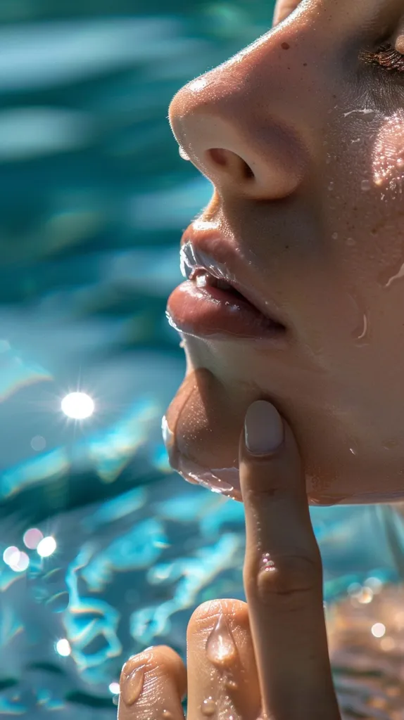 A close-up shot of a woman's face partially submerged in a pool of water. Her lips are slightly parted, and her nose and cheek are glistening with water droplets. The blue water in the background is blurred, creating a dreamy effect. The image evokes a sense of serenity and coolness.