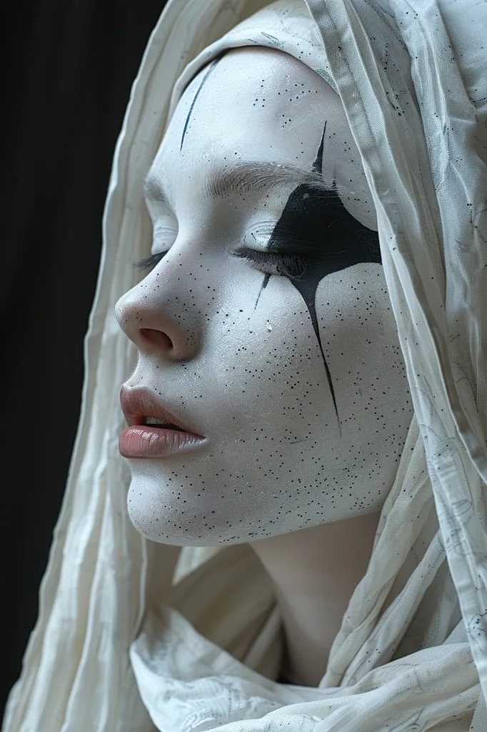 A woman's face is partially obscured by a white cloth. Her face is painted white with black accents, giving a striking, almost theatrical appearance. Her eyes are closed and her mouth is slightly open, suggesting a state of contemplation or perhaps sadness. The image is stark and minimalist, creating a sense of mystery and intrigue.