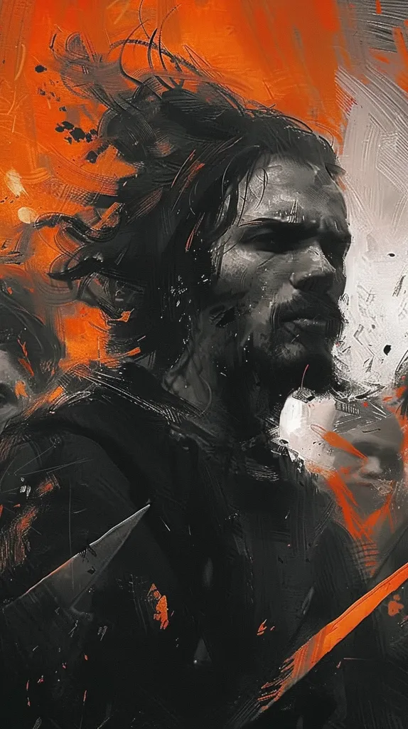 A close-up portrait of a man with dark hair and a beard, his face is painted in a dark and shadowy style. The background is a swirling mix of orange and black, creating a sense of chaos and intensity. The image is highly stylized and abstract, with strong brushstrokes and a focus on the man's expression.  The painting evokes a sense of mystery and perhaps even danger.