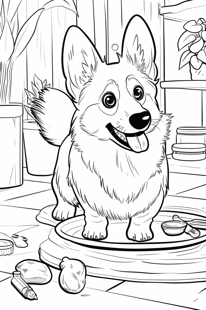 A black and white line drawing of a corgi dog standing on a round platform. The dog is smiling and has its tongue sticking out. The dog is standing in a room with a potted plant in the background and a small bowl on the platform.  The image is a coloring page.