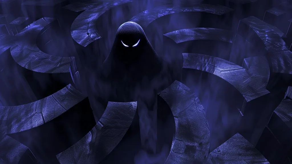 A shadowy figure with glowing white eyes stands in the center of a dark, abstract maze made of interlocking shapes. The figure is shrouded in darkness, creating a sense of mystery and foreboding. The maze appears to be made of stone or metal, and its intricate pattern suggests a challenging and potentially dangerous path. The overall mood is dark and ominous, hinting at an impending confrontation or a sense of dread.