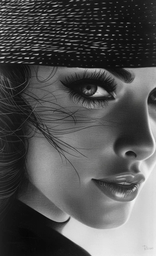 A black and white drawing of a woman's face, with a wide-brimmed hat casting a shadow over her forehead. Her eyes are large and expressive, with long lashes and a hint of a smile on her lips. Her hair is long and flowing, framing her face in soft wisps. The drawing is detailed and realistic, capturing the woman's beauty and allure.