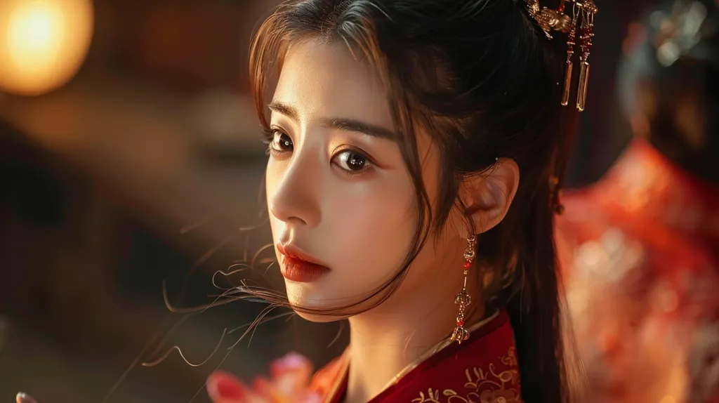 A young woman with long, dark hair is dressed in a red and gold outfit. Her hair is styled with a gold and red hairpiece, and she is wearing long, gold earrings with red accents. Her eyes are wide and her lips are painted a deep red. The background is blurred, but it appears to be a warm, dimly lit setting.  The lighting casts a warm glow on her face.