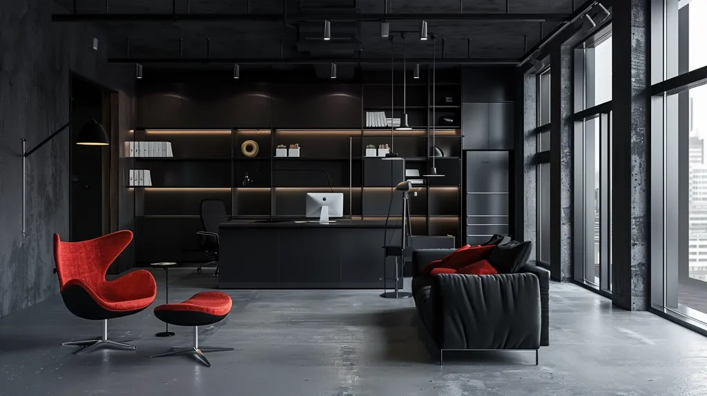 The image depicts a modern and minimalist office space. The walls and furniture are predominantly black, creating a sleek and sophisticated atmosphere. Large windows provide natural light and offer a view of the city. A red egg chair and ottoman add a pop of color and a comfortable seating option. The space is further enhanced by sleek lighting fixtures and a minimalist desk, making it ideal for both work and relaxation.