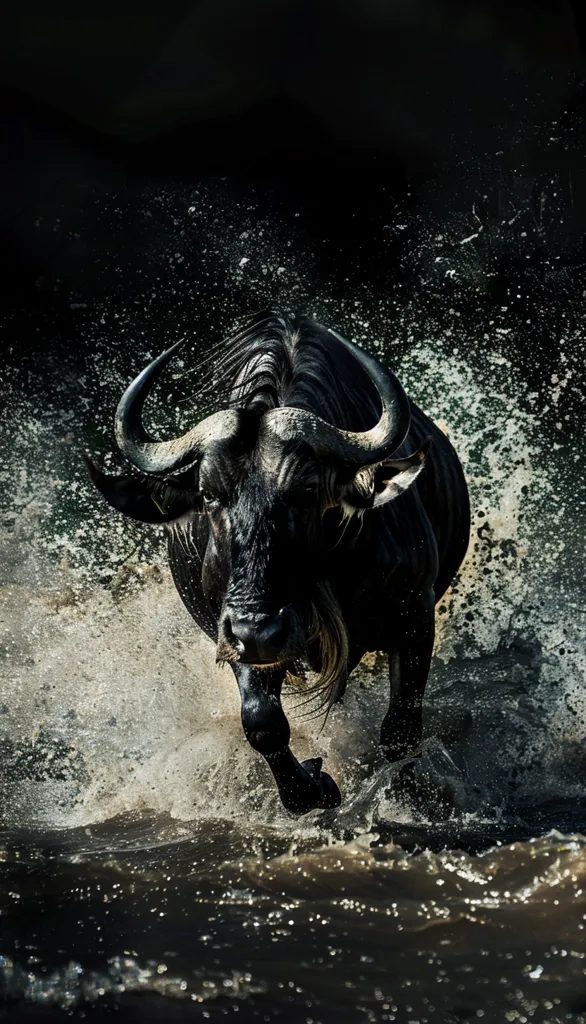 A black wildebeest runs through a shallow body of water. Its large horns are visible, and its dark coat is wet from the water. The background is a dark, blurry blur of water and light. The image is taken at a low angle, and the wildebeest is in focus, while the background is out of focus. The image is dark and moody.