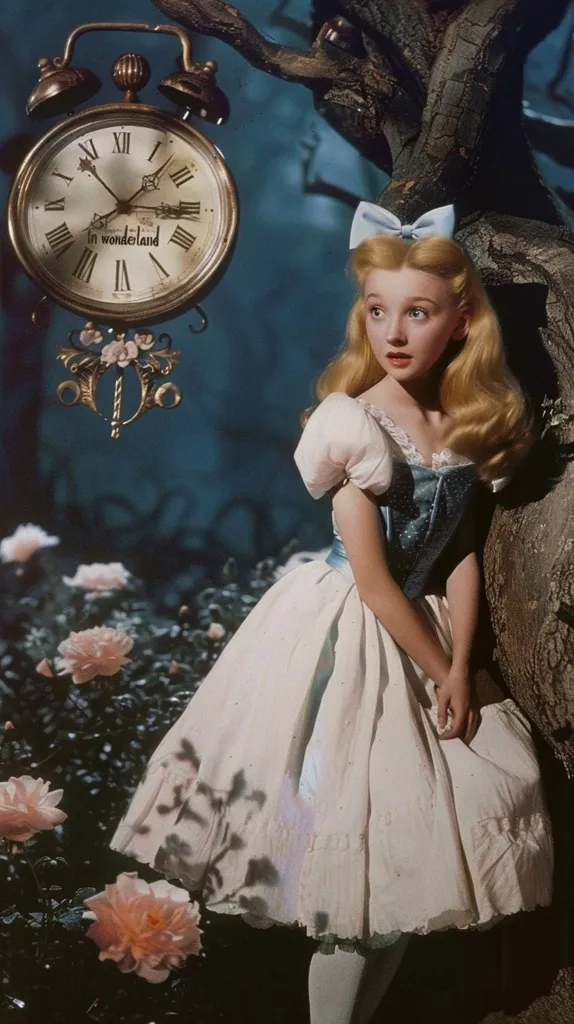 A young girl, with long blonde hair and a white dress, stands in a garden next to a large tree. She wears a blue sash and a blue bow in her hair. Above her head, a large golden clock hangs from a tree branch. The clock face says “In Wonderland”.  The girl’s expression is one of concern, and she looks directly at the camera. The garden is filled with pink flowers and lush green foliage.