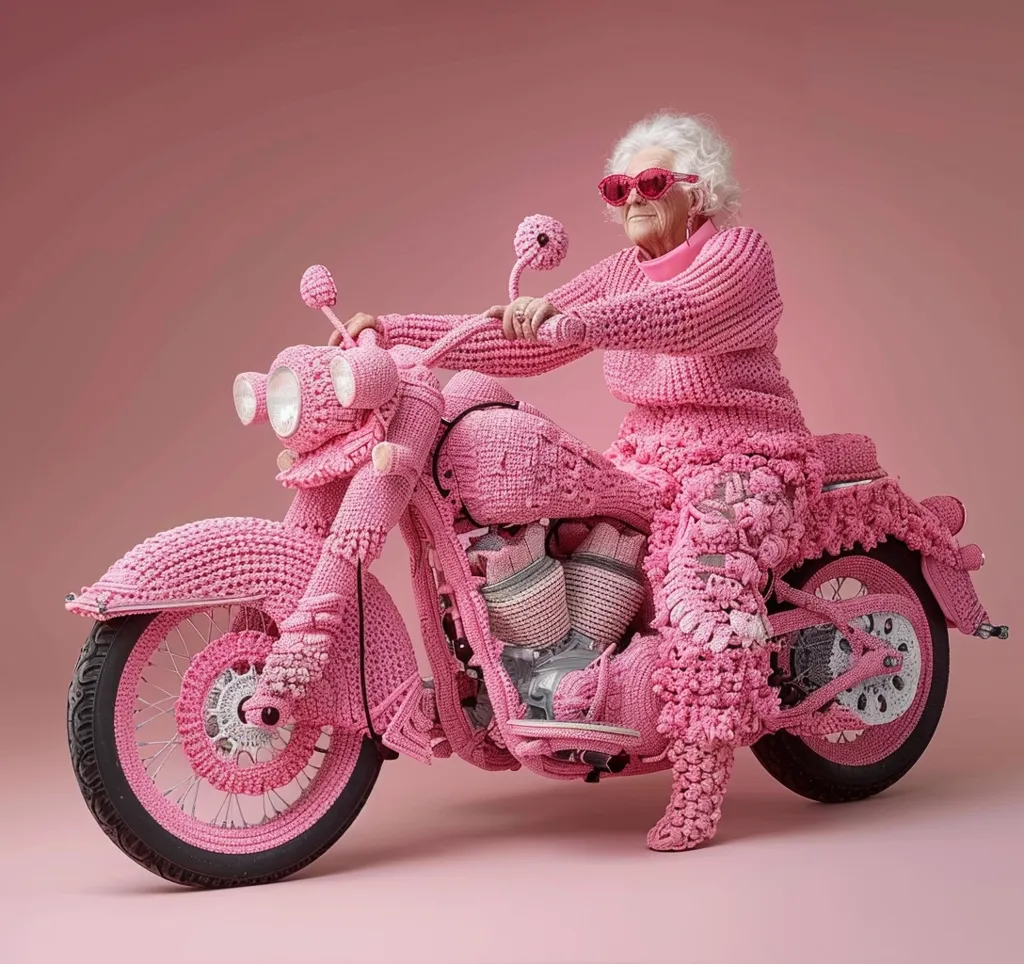 A woman in a pink crocheted outfit, including a sweater, pants, and boots, sits on a pink crocheted motorcycle. She wears pink sunglasses and has white hair. The motorcycle is detailed and includes crocheted headlights and a seat. The background is a soft pink. The image is a whimsical and humorous representation of a woman and her motorcycle.