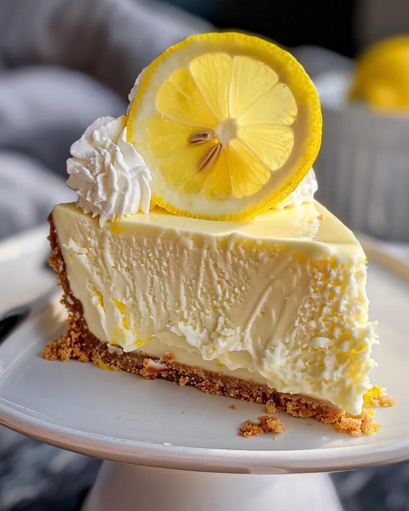 A slice of lemon cheesecake is on a white cake stand. It has a graham cracker crust and is topped with a slice of lemon and whipped cream. The cheesecake is smooth and creamy, with a delicate yellow hue. The slice is presented against a blurred background of gray fabric.  The picture is a close-up shot, emphasizing the texture and detail of the cheesecake.  It is an appealing dessert that is likely to evoke feelings of sweetness and refreshment.