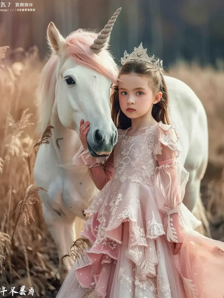 A young girl in a pink and white princess dress with a sparkly tiara on her head, stands next to a white unicorn with a golden horn. The girl's eyes are looking directly at the viewer, while the unicorn looks slightly away. The background is out of focus, with dried plants and greenery surrounding the subjects. The image has a dreamy, fairytale feel.