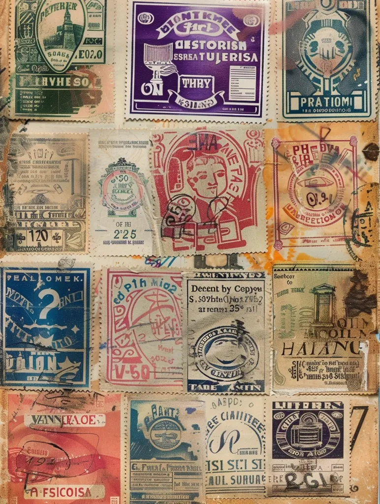 The image shows a collage of vintage postage stamps and labels,  some with text in different languages.  The stamps are primarily in shades of blue, red, and green with various graphic designs, including an anchor, a crown, a building, and a person.  The background paper is faded and yellowed, adding to the overall antique look.