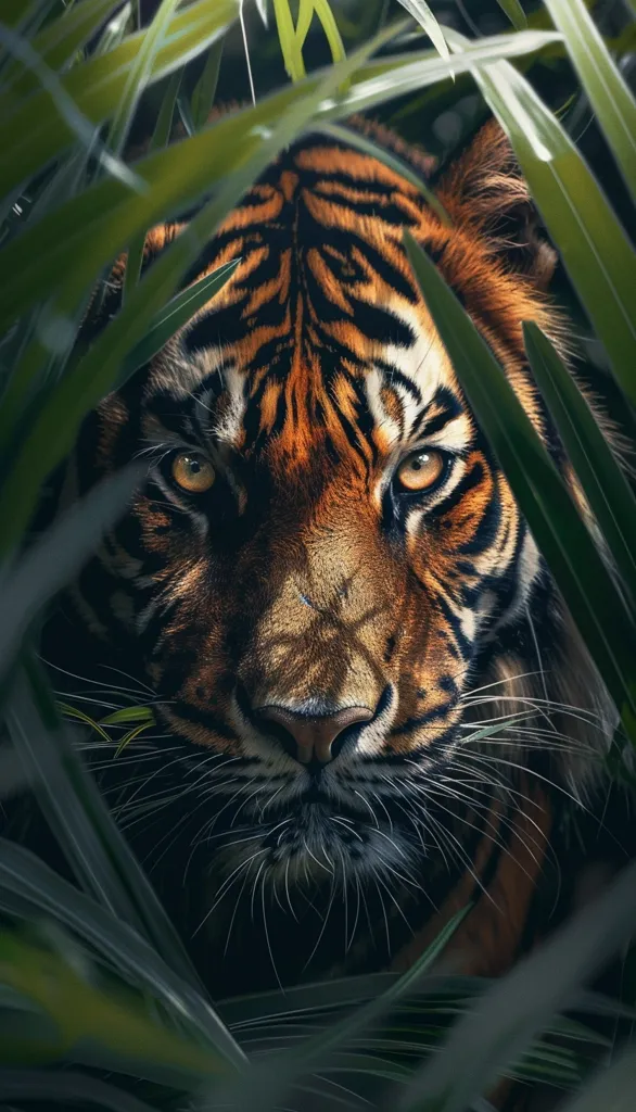 A tiger's face peeks out from behind a wall of lush, green foliage. Its piercing golden eyes, sharp black stripes, and long whiskers are visible, hinting at its wild nature. The image is shot from a low angle, making the tiger appear larger and more intimidating. The dark background adds to the sense of mystery and danger.