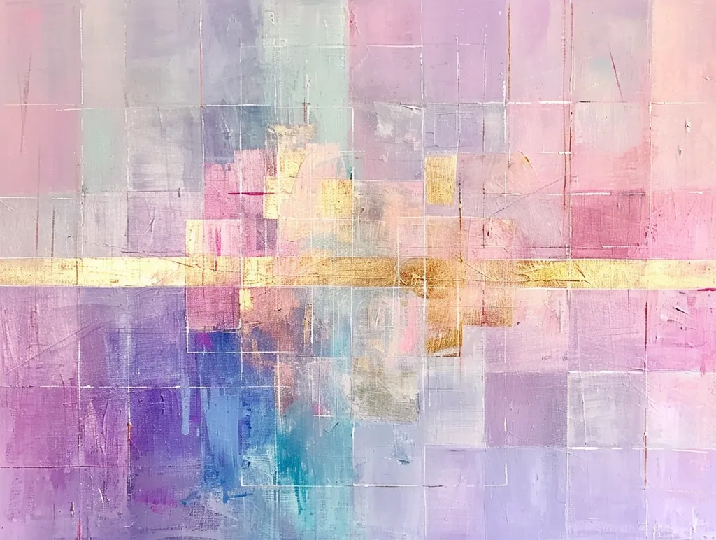 The image is an abstract painting with a grid pattern. It is composed of various shades of pink, purple, blue, and gold. The painting has a soft and ethereal feel, with the colors blending together seamlessly. The gold accents add a touch of sparkle and sophistication. The painting evokes a sense of calm and serenity.  The grid pattern adds a sense of structure and order. Overall, the painting is a beautiful and harmonious work of art.