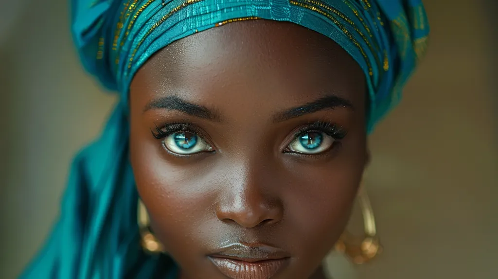 A close-up portrait of a woman with dark skin and bright blue eyes. She is wearing a vibrant turquoise headwrap with gold accents and a large gold earring. The image focuses on her eyes and features, highlighting her unique beauty. Her expression is intense and captivating, drawing the viewer in. The soft lighting and subtle background create a sense of intimacy and mystery.