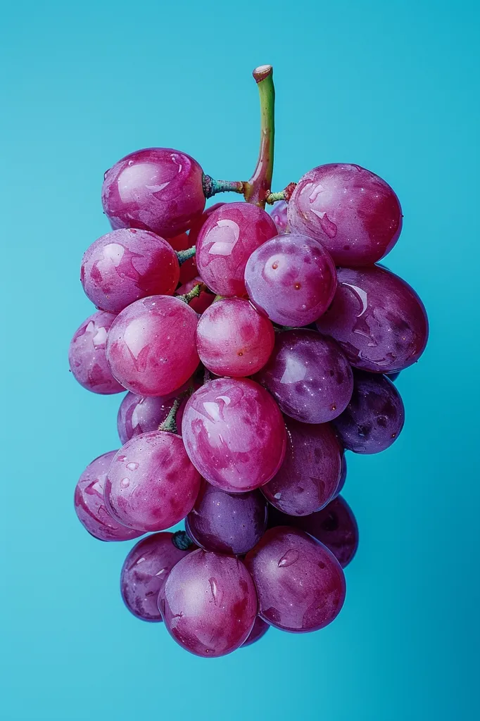 A bunch of red grapes, glistening with dew, hangs against a bright blue background. The grapes are plump and juicy, their skins a rich, vibrant purple. The stem, a thin brown vine, is visible at the top of the bunch, connecting the grapes together. The contrasting colors of the grapes and the background create a visually appealing and appetizing image.