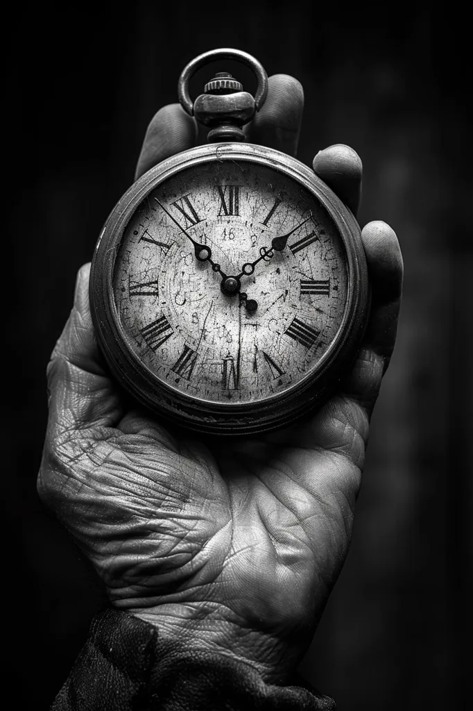 An aged hand, wrinkled and worn, cradles a vintage pocket watch. The watch face is antique with Roman numerals, its hands frozen in time. The image is in black and white, creating a sense of nostalgia and the passage of time. The contrast between the smooth metal of the watch and the textured skin of the hand adds to the visual interest.