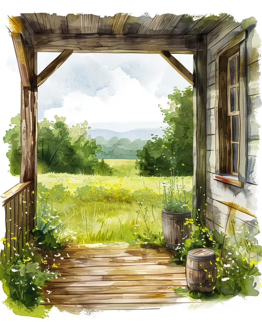 The image shows a wooden porch with a view of a lush green meadow. The porch is made of weathered wood with a rustic charm. Two wooden barrels are placed on the porch floor, adding to the rustic ambiance.  The meadow stretches out beyond the porch, dotted with yellow wildflowers. A distant hillside and a cloudy sky complete the idyllic scene. The watercolor style adds a touch of softness and warmth to the image.