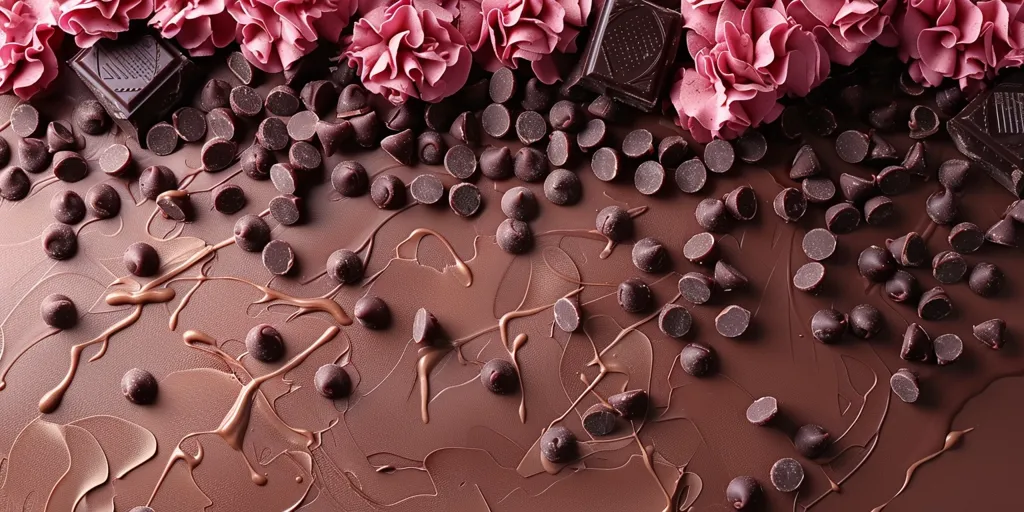 The image shows a close-up of a chocolate background with chocolate chips scattered across the surface. There are also some pieces of dark chocolate and pink frosting on top of the chocolate, creating a visually appealing and tempting display. The smooth, rich chocolate background is contrasted by the rough texture of the chocolate chips and the delicate texture of the frosting. The overall image evokes a sense of indulgence and sweetness.