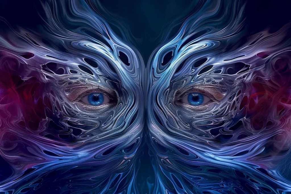 The image is a close-up of a face with a surreal, abstract style.  The face is covered in swirling, blue and purple patterns that resemble liquid.  Two bright blue eyes are the central focus, peering out from the swirling depths. The overall effect is mesmerizing and otherworldly.