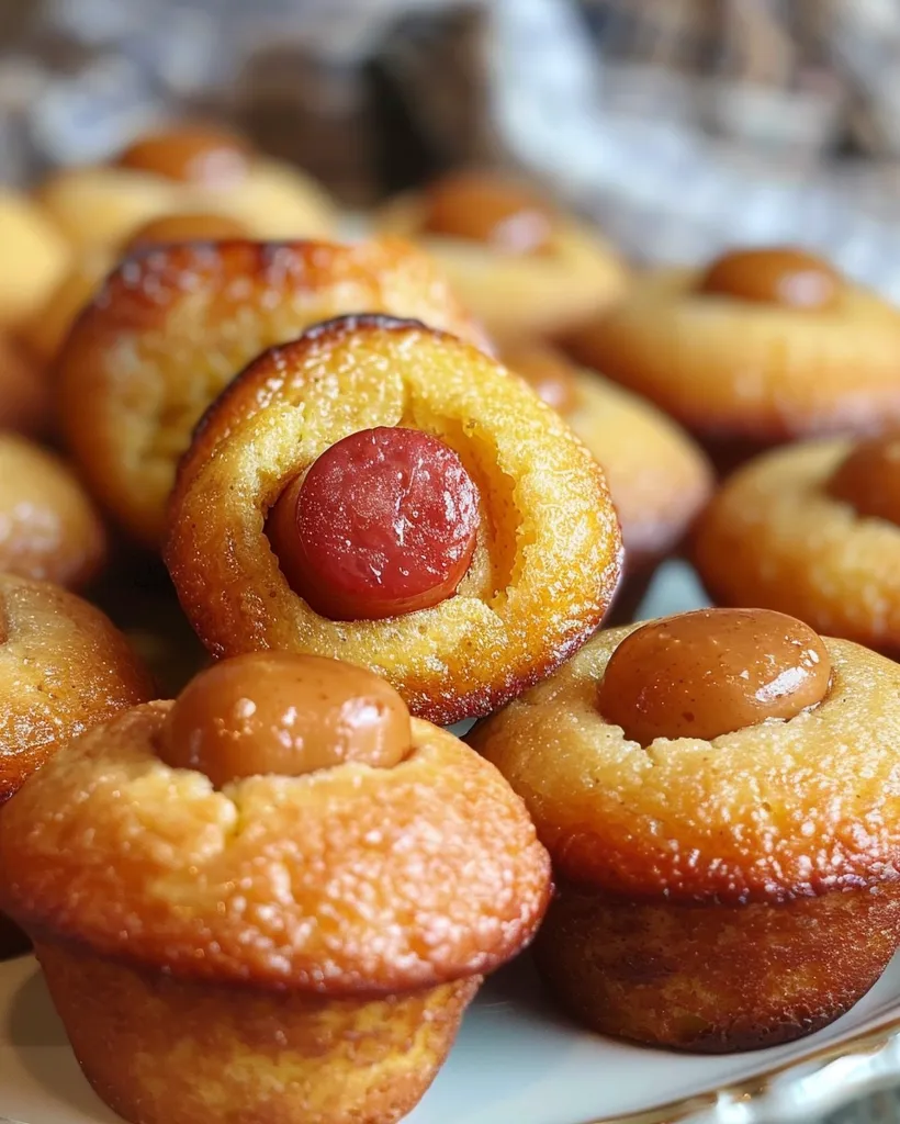 A close-up shot of a plate of small, round, golden-brown muffins with a single, round topping in the center of each. The muffin on the left has a red hot dog, while the one in the foreground has a caramel topping. The muffins are soft and slightly sticky, and the background is blurred.