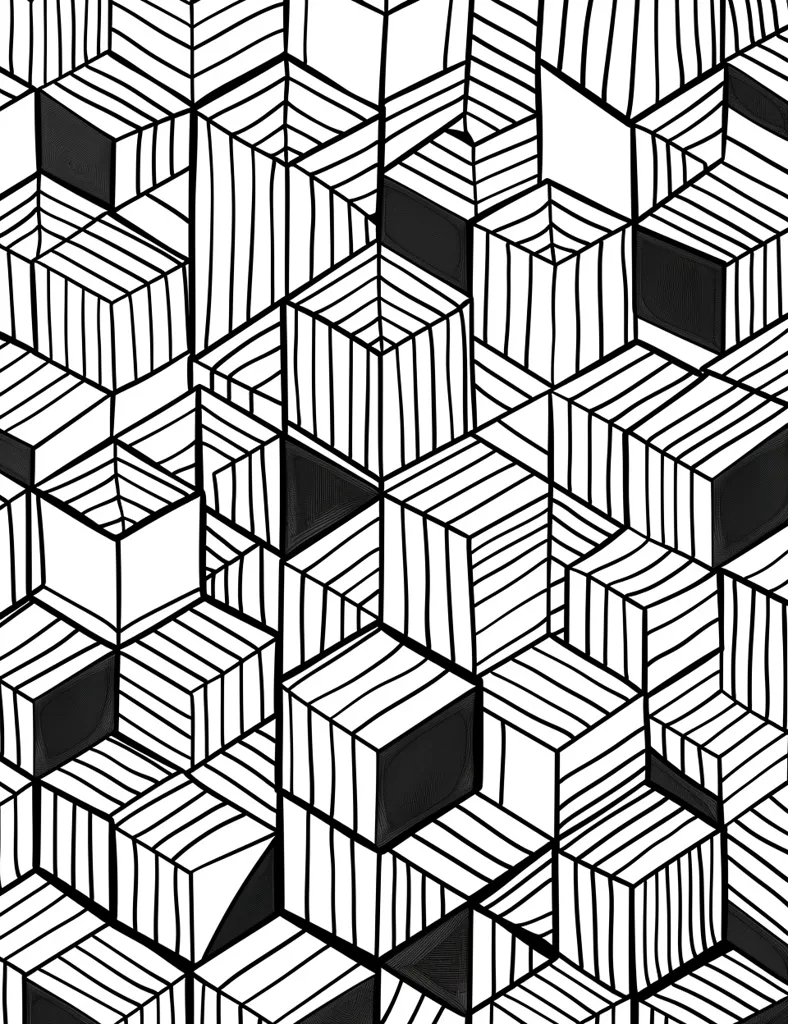The image is an abstract pattern composed of black and white geometric shapes. It appears to be a tessellation of cubes, each filled with a grid pattern of horizontal and vertical lines. The pattern is seamless and repeats in all directions. The image has a modern and minimalist aesthetic, and the use of black and white creates a strong visual contrast. The cubes are stacked and layered to create a sense of depth and dimension.  The image is suggestive of an optical illusion, as the lines and shapes seem to move and shift when viewed from different angles.
