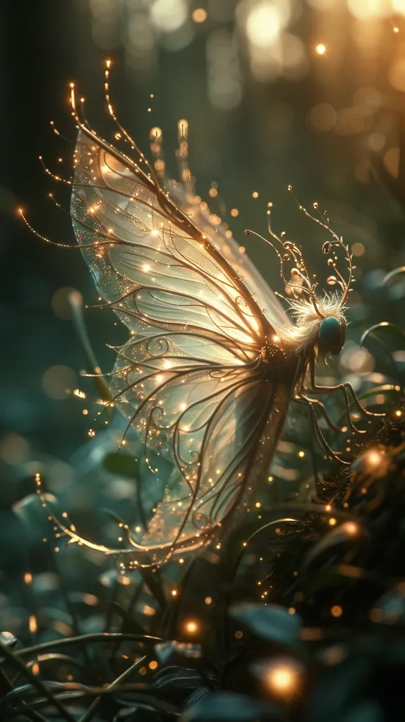A delicate, ethereal butterfly with intricate, golden wings rests amongst lush greenery. It's wings are translucent, shimmering with light, and its body is a soft, feathery white. The background is a soft blur of green and gold, with a warm glow emanating from the butterfly's wings. The image evokes a sense of magic and wonder, suggesting a world where the impossible is possible.