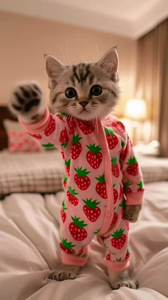 A cute cat wearing a pink and red strawberry-patterned onesie is standing on a white bed. The cat has large, round eyes and is looking directly at the camera. Its paw is outstretched, as if reaching for something. The background is blurred, but a brown curtain and a lamp are visible. The cat appears to be playful and happy.