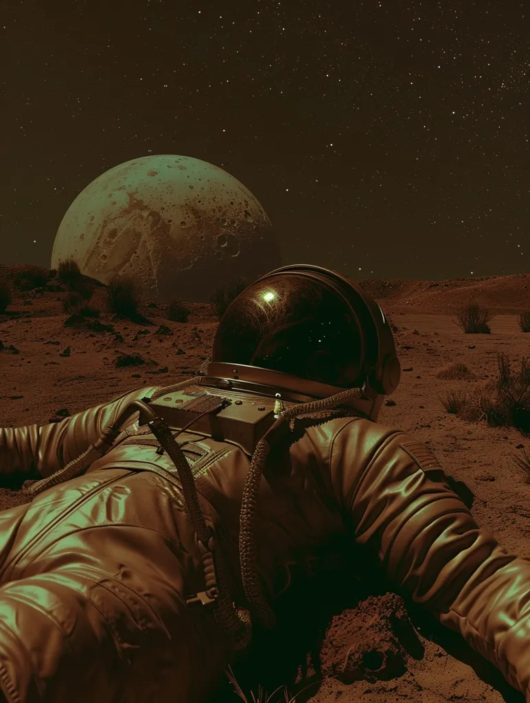 An astronaut lies face down in the red sand of an alien planet. The astronaut's helmet is off, revealing a dark interior. In the background, a large, moon-like body hangs in the star-filled sky. The image evokes a sense of loneliness and isolation in a vast, unknown landscape.