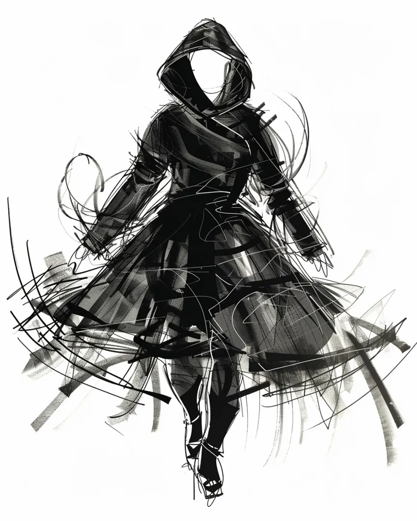 A fashion illustration of a woman in a hooded cloak, drawn with a dynamic, scribbled style. The figure is posed in motion, with her cloak billowing behind her. The artist uses dark shades of gray to depict the form of the woman and her attire, creating a dramatic and mysterious silhouette against the white background. The illustration captures the essence of fashion through abstract lines and shapes, highlighting the fluidity and movement of the garment.