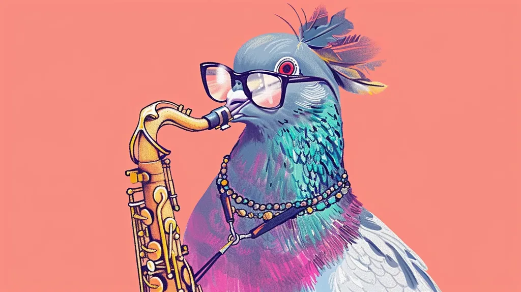 A pigeon with a colorful feather on its head wears thick-rimmed glasses and a beaded necklace. It holds a shiny golden saxophone to its mouth, as if about to play a soulful jazz tune. The background is a vibrant coral pink, creating a playful and unexpected contrast to the pigeon's serious expression. The overall image is a whimsical and stylish illustration that blends the unexpected with a touch of artistic flair.