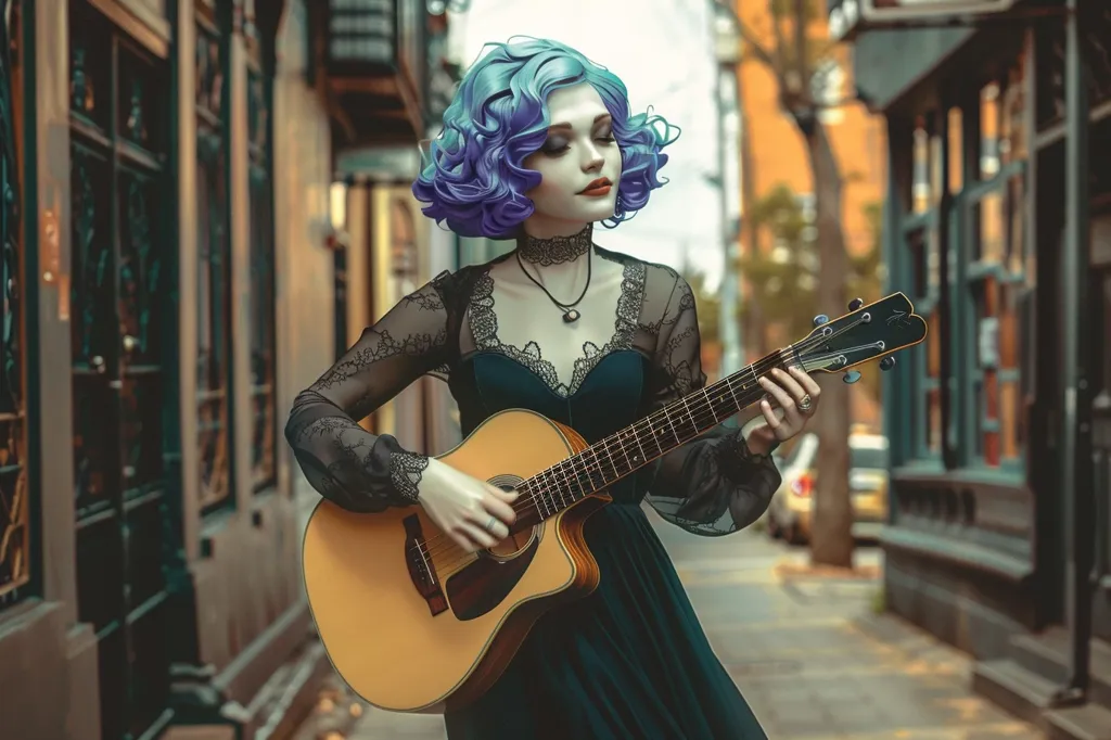 A woman with bright blue and purple hair, wearing a black lace dress and a silver necklace, plays an acoustic guitar.  She is standing in an alleyway between two buildings, with her eyes closed and a peaceful expression on her face.  The guitar is positioned at an angle to the viewer, so we can see the body and the fretboard. The woman's dark, curly hair frames her face, and her outfit and the guitar create a striking contrast against the muted tones of the alleyway.  The overall scene evokes a sense of tranquility and artistic expression.