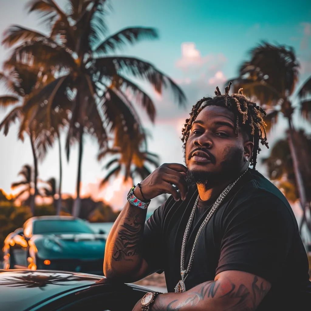 A man with dreadlocks and tattoos is leaning against a black car, looking directly at the camera. He is wearing a black t-shirt, a large gold chain, and a watch. He has a serious expression on his face. In the background, there are palm trees and a blue sky. A car can be seen in the foreground to the left. The image is a portrait of a man in a casual setting. The lighting is bright and the colors are vibrant.