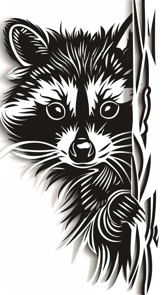 The image is a black and white illustration of a raccoon's face. The raccoon is looking directly at the viewer, and its fur is detailed with intricate lines. The raccoon's eyes are large and dark, and its nose is small and black. The background is white, and the raccoon's face is partially obscured by a branch or plant. The image is stylized and has a strong graphic quality.