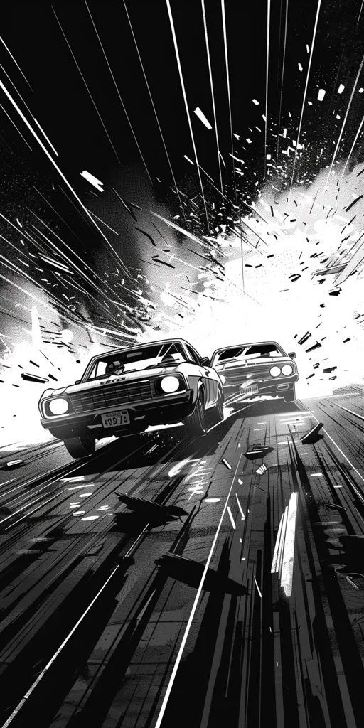Two cars are speeding down a road, with a flurry of black and white lines and shapes behind them. The cars are drawn in a simple, graphic style, with emphasis on the speed and movement of the scene. The background is a blur of white and black, creating a sense of motion and energy. The overall effect is of a fast-paced, action-packed moment.