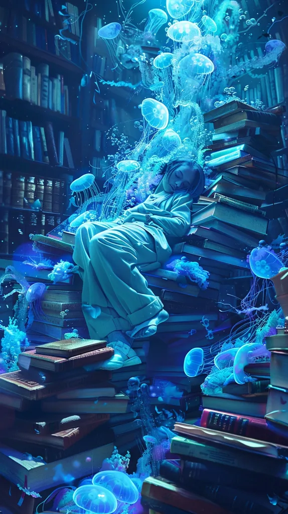 A young woman sleeps on a towering stack of books, surrounded by bioluminescent jellyfish. The books are stacked in a haphazard fashion, creating a surreal and dreamlike environment. The woman's relaxed posture and the serene glow of the jellyfish suggest a state of tranquility and peace. The scene is bathed in a blue light, emphasizing the underwater feel.