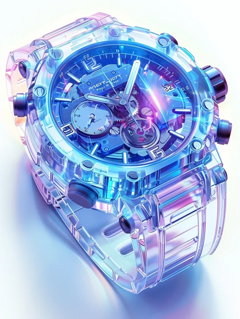 A clear, transparent wristwatch with a blue face and iridescent highlights. The watch features a chronograph with a subdial and a date window. The watch face is surrounded by a bezel with a tachymeter scale. The watch band is also transparent and features a clasp. The watch is photographed against a white background, highlighting its translucent and reflective qualities.
