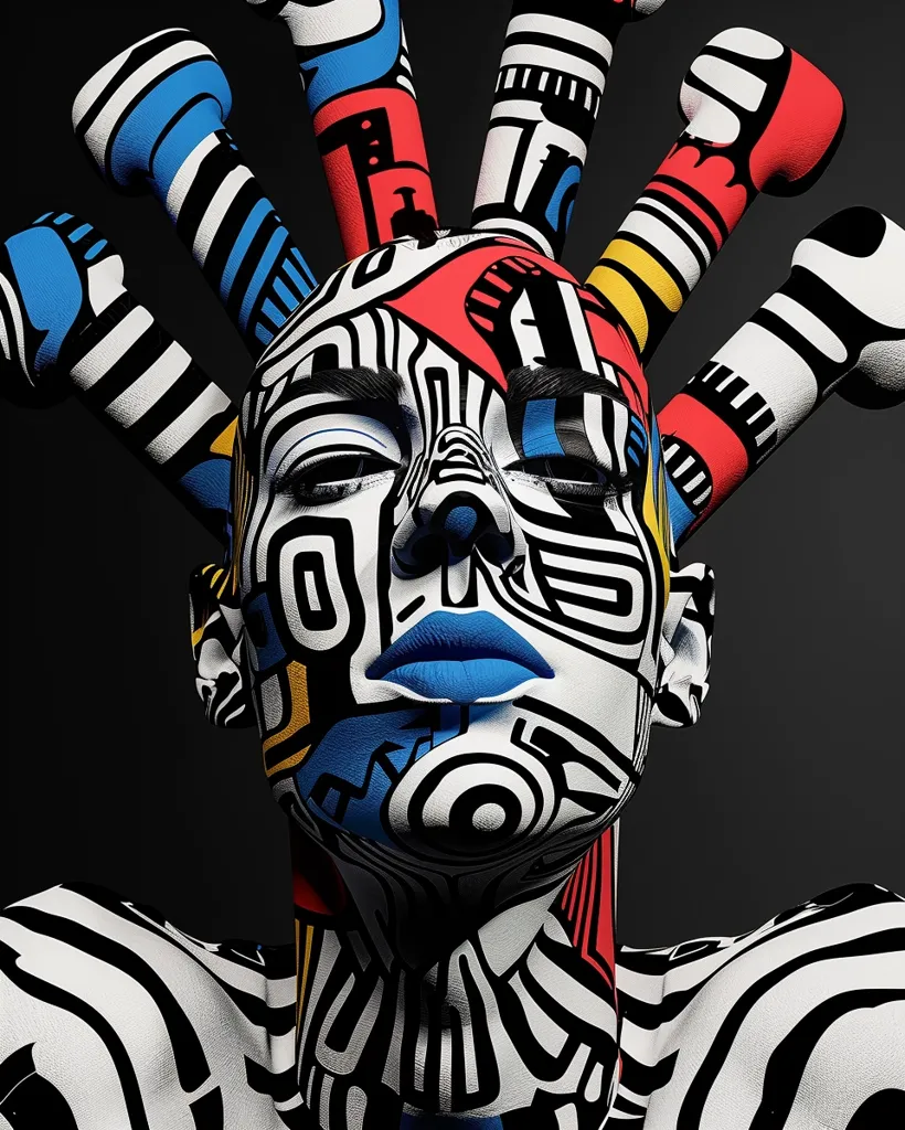 A person with a bold, geometric pattern painted on their face and body, reminiscent of 1960s pop art. Black, white, red, yellow, and blue stripes and shapes cover their skin, creating a striking and abstract visual. Their eyes are closed, and their lips are painted a vibrant blue. The intricate design creates a sense of both whimsy and power.