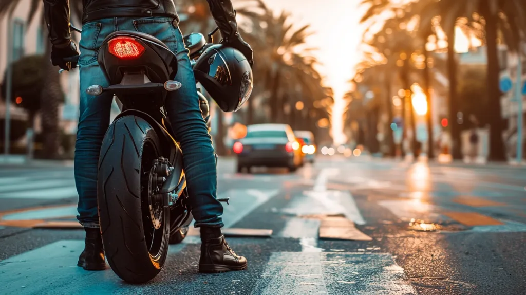 A motorcyclist in a leather jacket and blue jeans sits on their motorcycle, the back tire of the bike in focus. The rider's foot is on the ground as they wait at a crosswalk. The background is blurred, showcasing a city street with palm trees and buildings in the distance. The setting sun casts a golden glow across the scene.