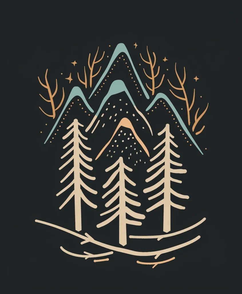 The image is a stylized illustration of a mountain range with four trees in the foreground. The mountains are blue and teal, with a hint of orange at the peak. The trees are a pale yellow, and there are scattered gold stars in the sky. The image has a minimalist, hand-drawn aesthetic, and the overall feel is calm and serene.