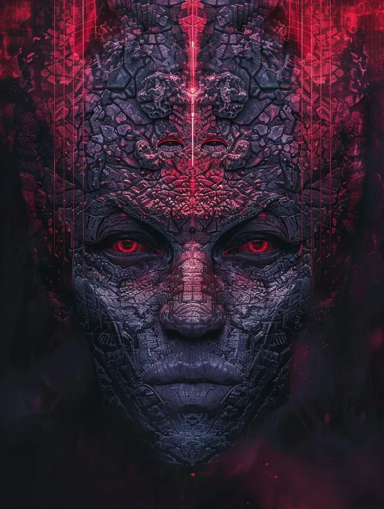 The image is a close-up of a face with a textured, rough surface. The face has a dark, almost alien-like appearance, with red eyes and a deep, narrow mouth. The skin is covered in intricate patterns and lines that resemble ancient carvings or circuitry. A red light shines down the center of the face, highlighting its features. The background is a dark, smoky expanse with hints of red light.  The image has a mysterious and otherworldly feel.