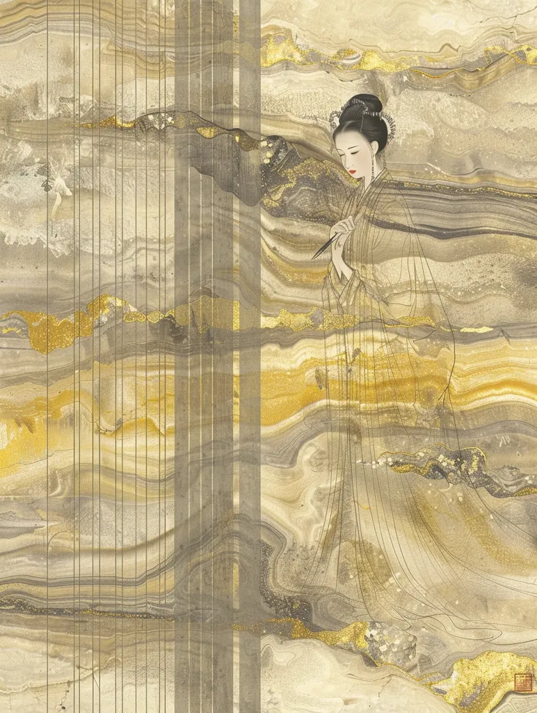 The image depicts a woman in traditional Japanese attire, standing in front of a textured background. The background is a blend of beige and gold, with intricate swirling patterns and lines. The woman is wearing a long, flowing robe and has her hair pulled back in a bun. She holds a brush in her hand, suggesting she is an artist or calligrapher. The overall mood of the image is serene and elegant, reflecting the beauty of Japanese art and culture.  The composition is minimalist and stylized, with a focus on the woman and her delicate movements. The use of gold accents adds a touch of luxury and sophistication.