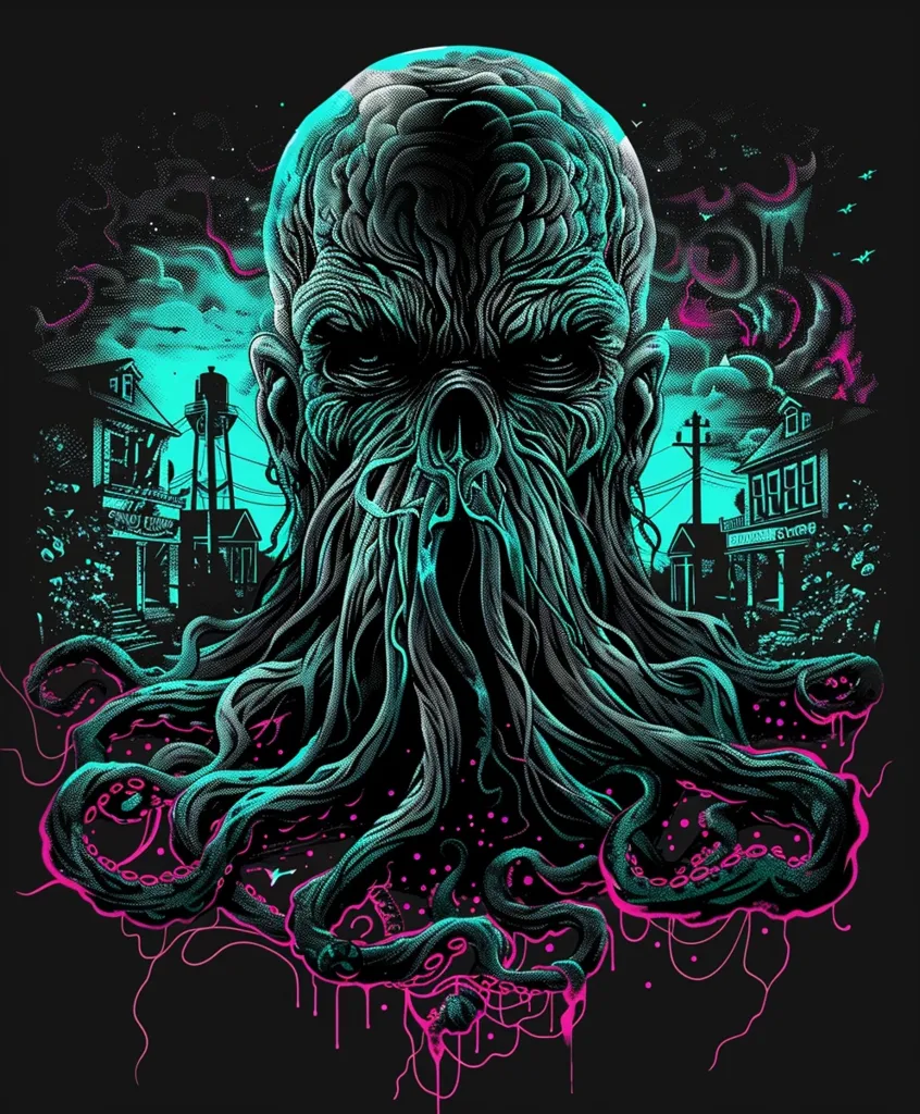 A monstrous, tentacled creature with a human-like face looms over a small town. Its skin is a swirling mix of green and black, and its eyes glow with an ominous light. The creature's tentacles stretch down, engulfing the town in a menacing embrace. The background is a dark and stormy sky, hinting at the danger that is to come. The image is a chilling representation of a creature from the depths, a being of pure chaos and destruction.