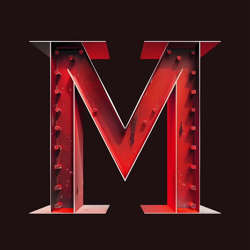 The image shows a large, bold, metallic letter "M" rendered in a 3D style. The letter is crafted from a red metal, likely steel, with a distressed finish, suggesting wear and age. A white outline encases the letter, adding a stark contrast against the dark background. The overall effect is industrial and graphic, highlighting the letter's form and texture.