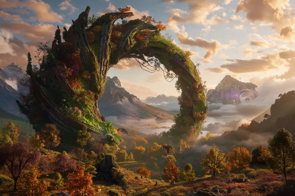 A large, leafy, circular structure, resembling a giant tree trunk, arches over a valley. It frames a distant view of a misty landscape with mountains in the background. The setting sun casts a warm glow on the clouds, adding a magical, otherworldly feel to the scene.  The valley floor is covered with vibrant autumn foliage, and a small river meanders through the landscape.  A mysterious, disc-shaped object hovers in the sky, adding to the sense of wonder and possibility.