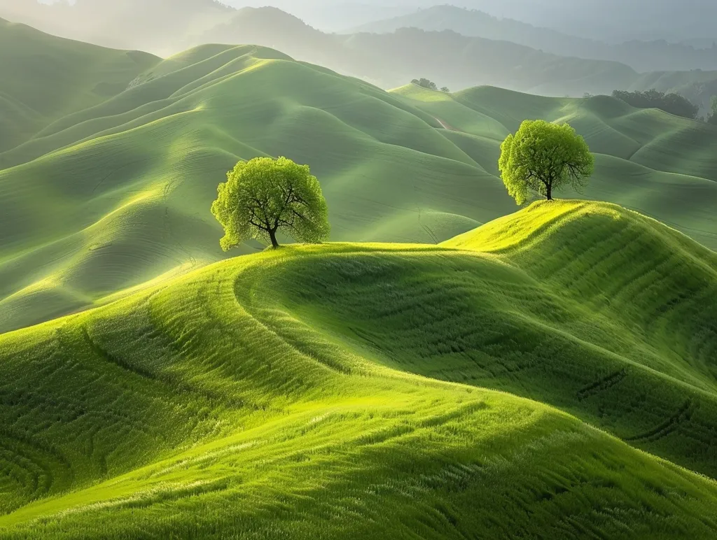 The image shows a serene landscape of rolling green hills with two lone trees standing on hilltops. The hills are covered in lush green grass, and the sky is a soft blue with a hint of fog. The sun shines brightly, casting a warm glow over the scene. The image evokes a sense of peace and tranquility, with the soft curves of the hills and the quiet beauty of the trees creating a calming atmosphere.
