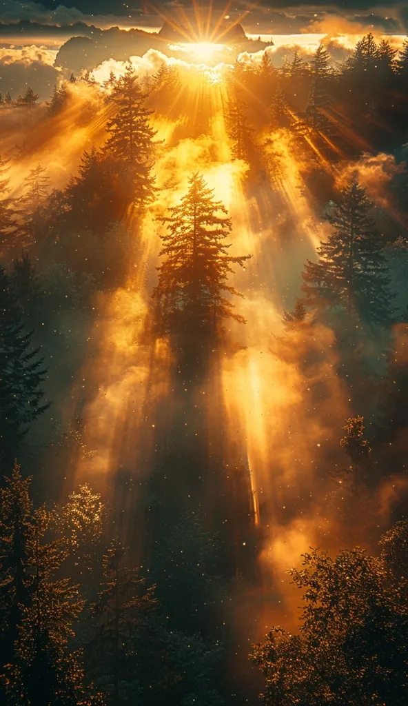 A mystical scene of golden sunlight piercing through a thick forest canopy, casting beams of light through the fog. The trees stand tall and dark against the glowing sky, creating a sense of awe and mystery. The image evokes a sense of tranquility and wonder, inviting viewers to imagine the magical secrets hidden within this ethereal landscape.