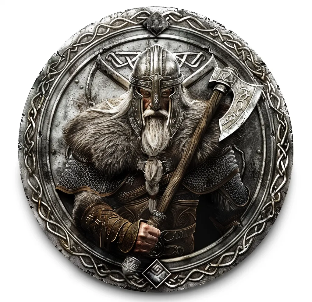 The image shows a Viking warrior in a circular frame. He is depicted as an older man with a long white beard and hair, wearing a horned helmet and chainmail armor. He is holding a large axe in his right hand, and his left hand is grasping the axe handle. The frame is decorated with intricate designs, including a shield and Celtic knots. The image evokes a sense of strength, courage, and the Viking culture.