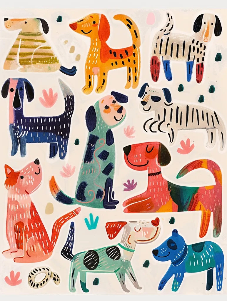 The illustration features 10 colorful dogs in various poses. They are depicted with bold lines and vibrant colors, showcasing unique patterns and markings. The dogs are against a white background, with small, scattered floral and leaf shapes. The overall style is whimsical and playful, evoking a sense of joy and whimsy.