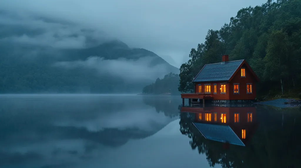 A cozy cabin with warm lights shines through the windows, nestled amongst dark trees on the edge of a tranquil lake.  The surrounding mountains are shrouded in mist, adding to the serene atmosphere. The water reflects the sky and the cabin, creating a mirror-like effect.  The scene evokes a sense of peace and solitude.