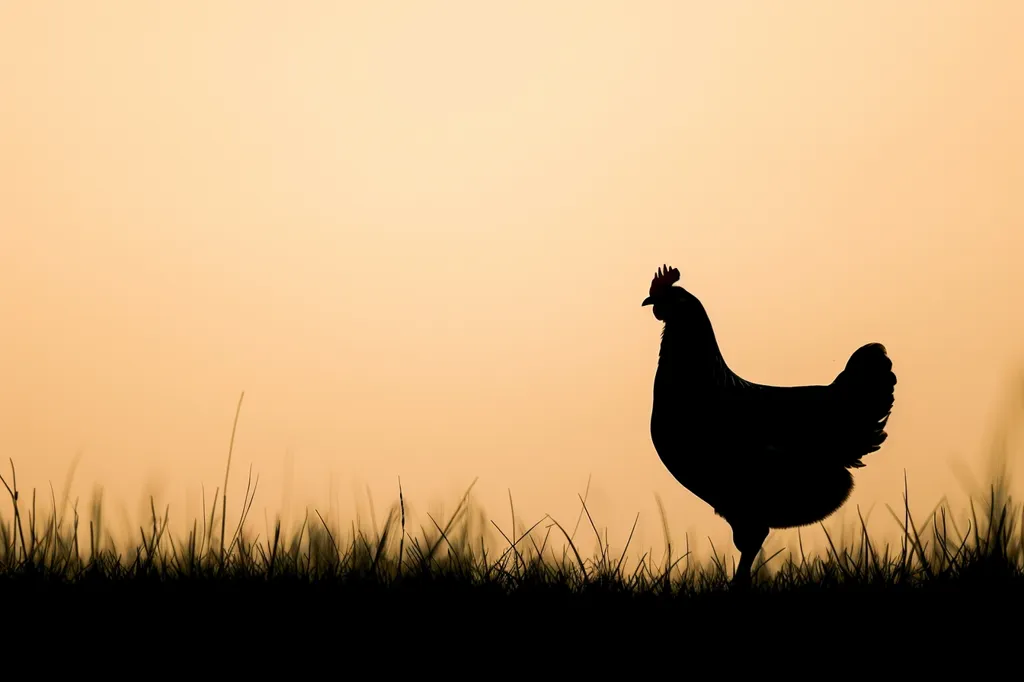 A silhouette of a chicken stands in a field of grass against a golden sunset. The chicken's head is turned to the side, and its tail feathers are fluffed out. The image is a study in contrast, with the dark silhouette of the chicken standing out against the warm, light background.  The soft light of the sunset creates a serene and peaceful mood.